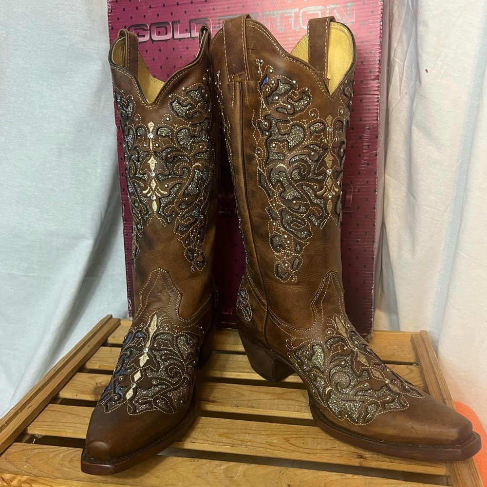 Innovations Women's Western Brown Boots w/Irradescent shimmer inlay Mex 27/US 10